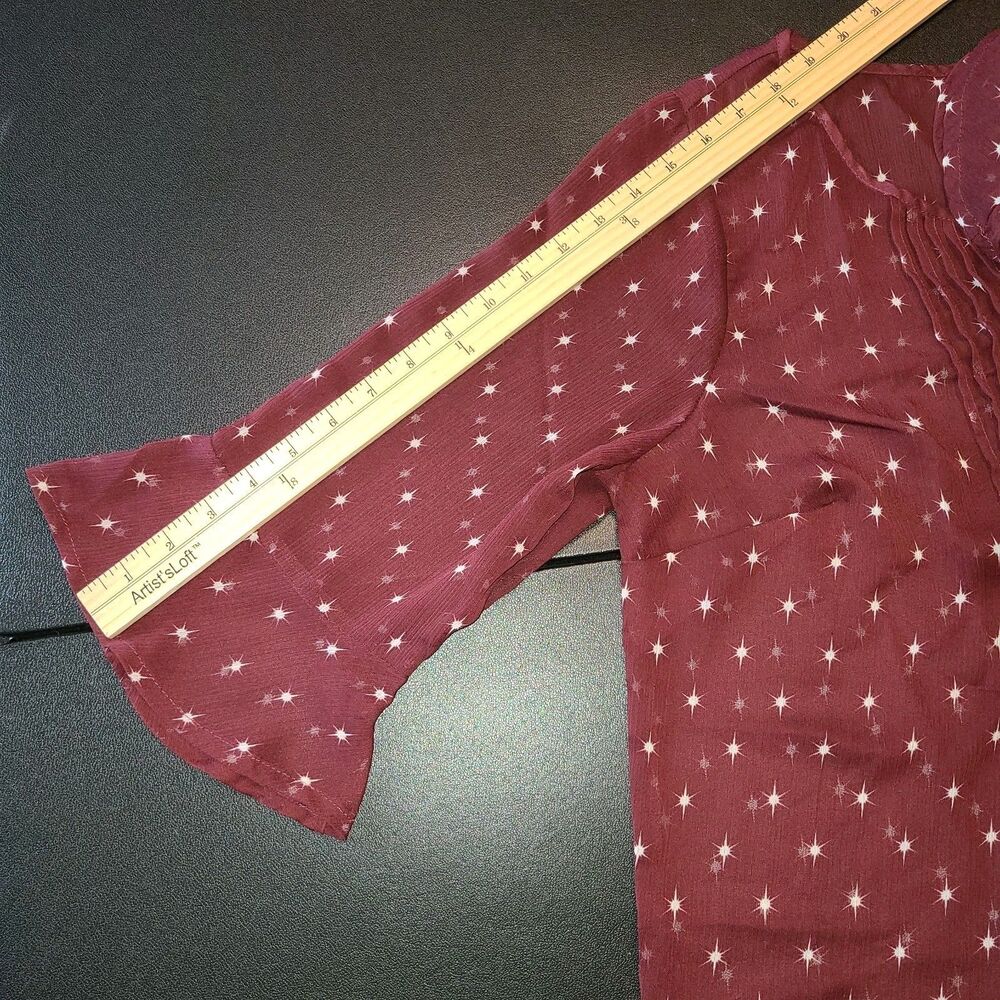 Torrid Burgundy Starburst Georgette Pleated Chiffon Blouse Boho Ruffle Slv Sz L - Picture 7 of 11